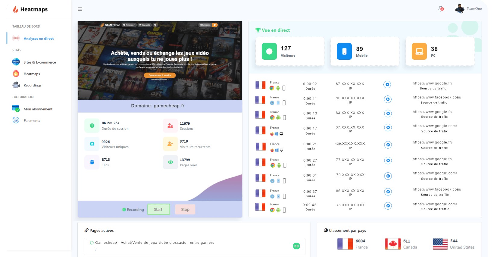 Capture d'écran de l'application web Heatmaps.fr (fonction Analyse en direct)